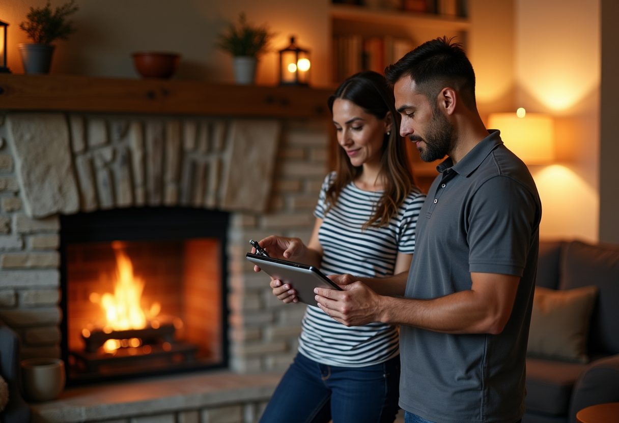 Technician showing a camera inspection beside a stone fireplace — Marysville