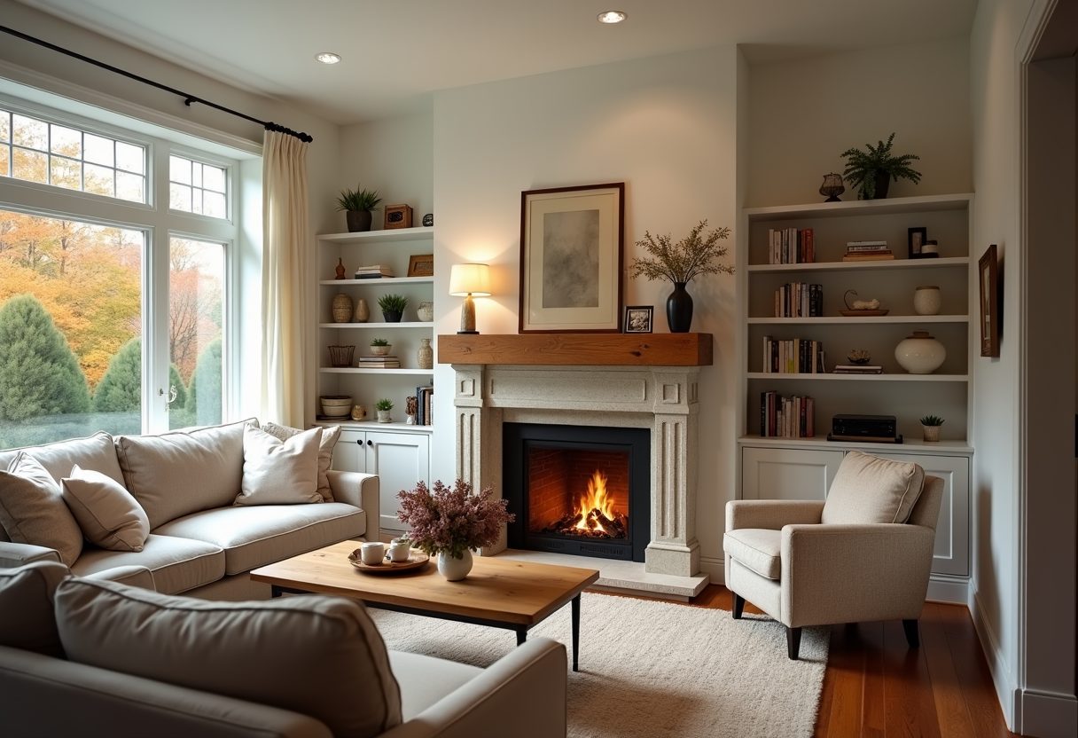 Lit stone fireplace in a bright living room — Marysville